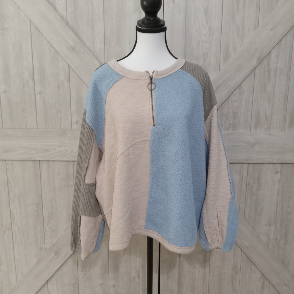 Pol-Blue Multi Color Oversized Patchwork Raw Edge Fall Sweater-Small
